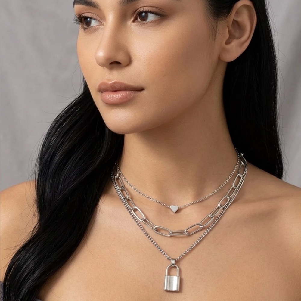 Aethereal Layered Love & Lock Silver Necklace
